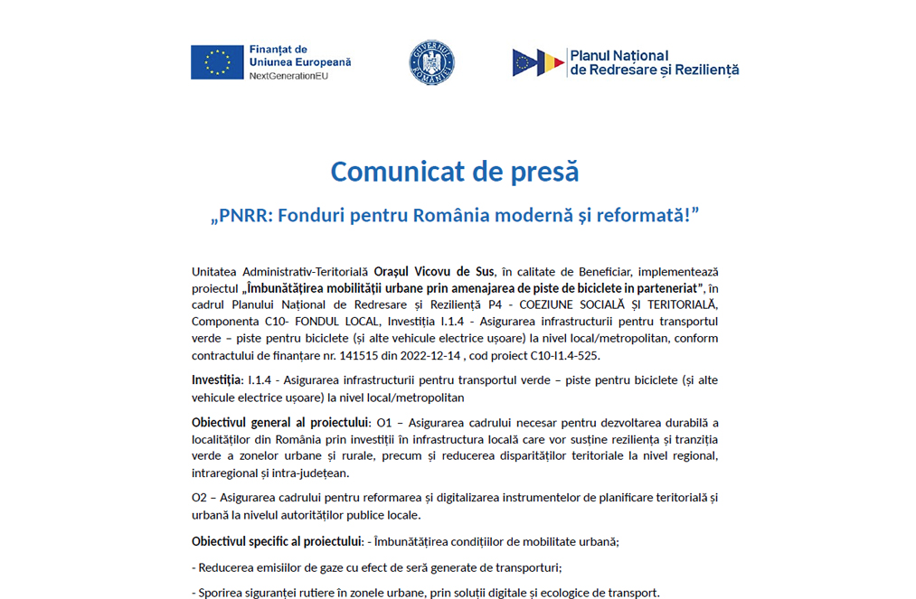 Comunicat de presă„PNRR: Fonduri pentru România modernă și reformată!” Comunicat de presă„PNRR: Fonduri pentru România modernă și reformată!”