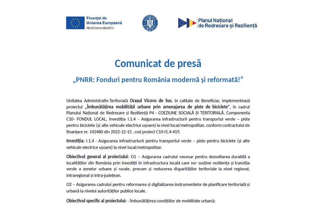 Comunicat de presă„PNRR: Fonduri pentru România modernă și reformată!” Comunicat de presă„PNRR: Fonduri pentru România modernă și reformată!”