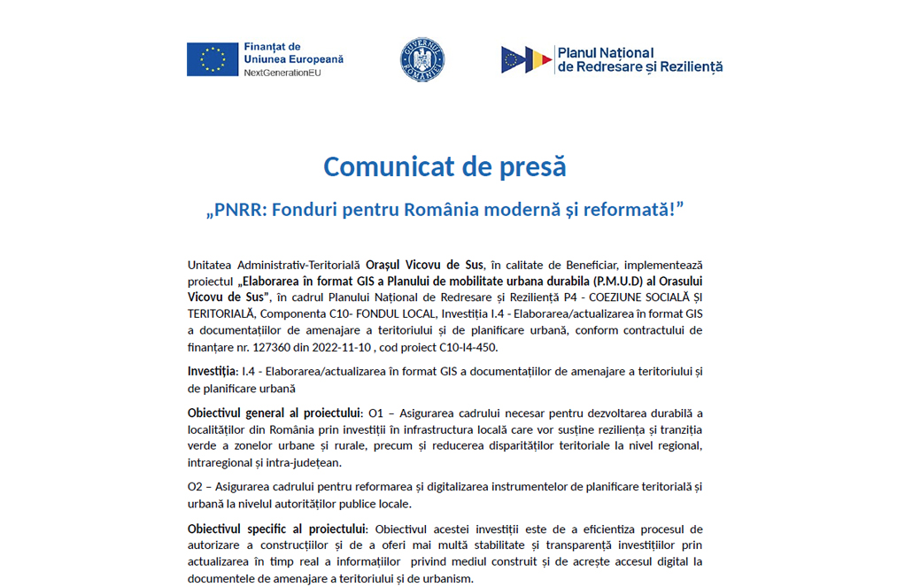 Comunicat de presă„PNRR: Fonduri pentru România modernă și reformată!” Comunicat de presă„PNRR: Fonduri pentru România modernă și reformată!”