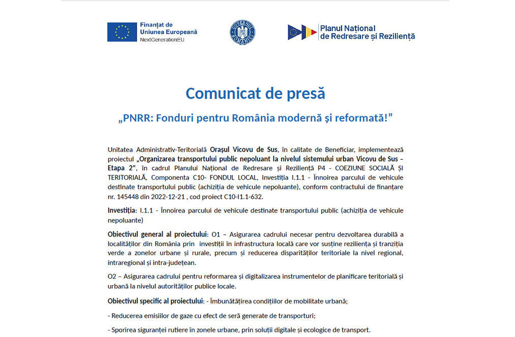 Comunicat de presă„PNRR: Fonduri pentru România modernă și reformată!” Comunicat de presă„PNRR: Fonduri pentru România modernă și reformată!”
