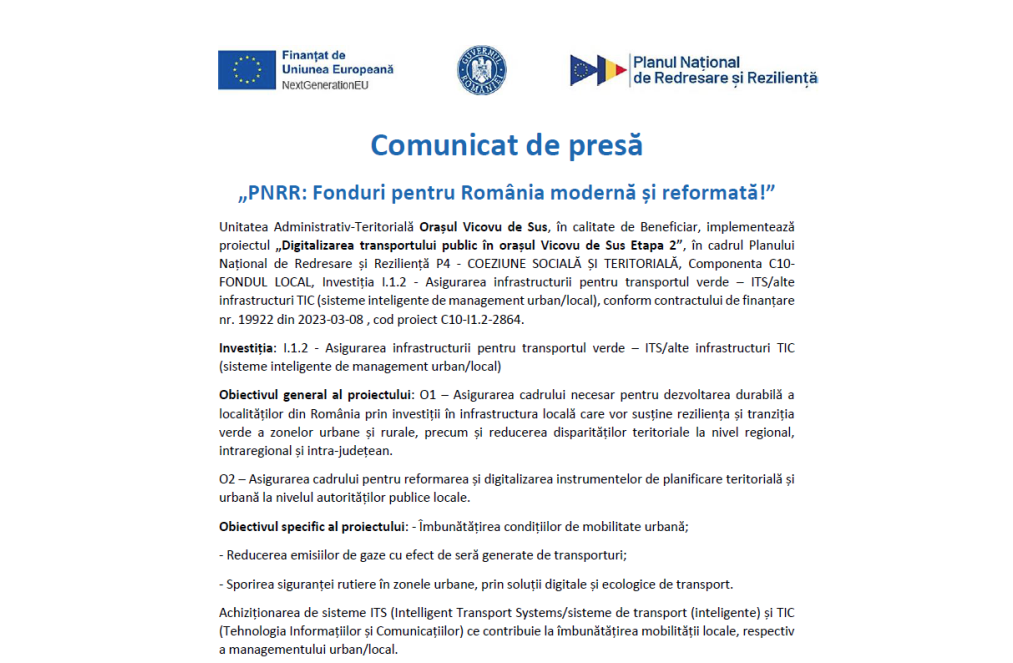 Comunicat de presă „PNRR: Fonduri pentru România modernă și reformată!” Comunicat de presă „PNRR: Fonduri pentru România modernă și reformată!”