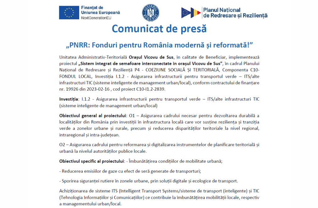 Comunicat de presă „PNRR: Fonduri pentru România modernă și reformată!” Comunicat de presă „PNRR: Fonduri pentru România modernă și reformată!”