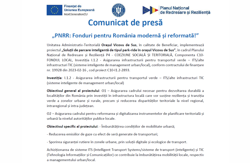 Comunicat de presă „PNRR: Fonduri pentru România modernă și reformată!” Comunicat de presă „PNRR: Fonduri pentru România modernă și reformată!”
