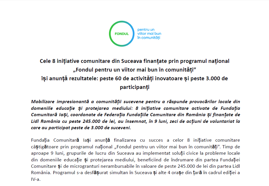 Cele 8 inițiative comunitare din Suceava finanțate prin programul național„Fondul pentru un viitor mai bun în comunități”își anunță rezultatele: peste 60 de activități inovatoare și peste 3.000 departicipanți Cele 8 inițiative comunitare din Suceava finanțate prin programul național„Fondul pentru un viitor mai bun în comunități”își anunță rezultatele: peste 60 de activități inovatoare și peste 3.000 departicipanți