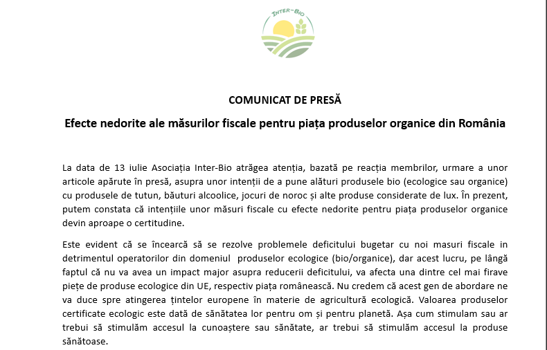 Efecte nedorite ale măsurilor fiscale pentru piața produselor organice din România Efecte nedorite ale măsurilor fiscale pentru piața produselor organice din România