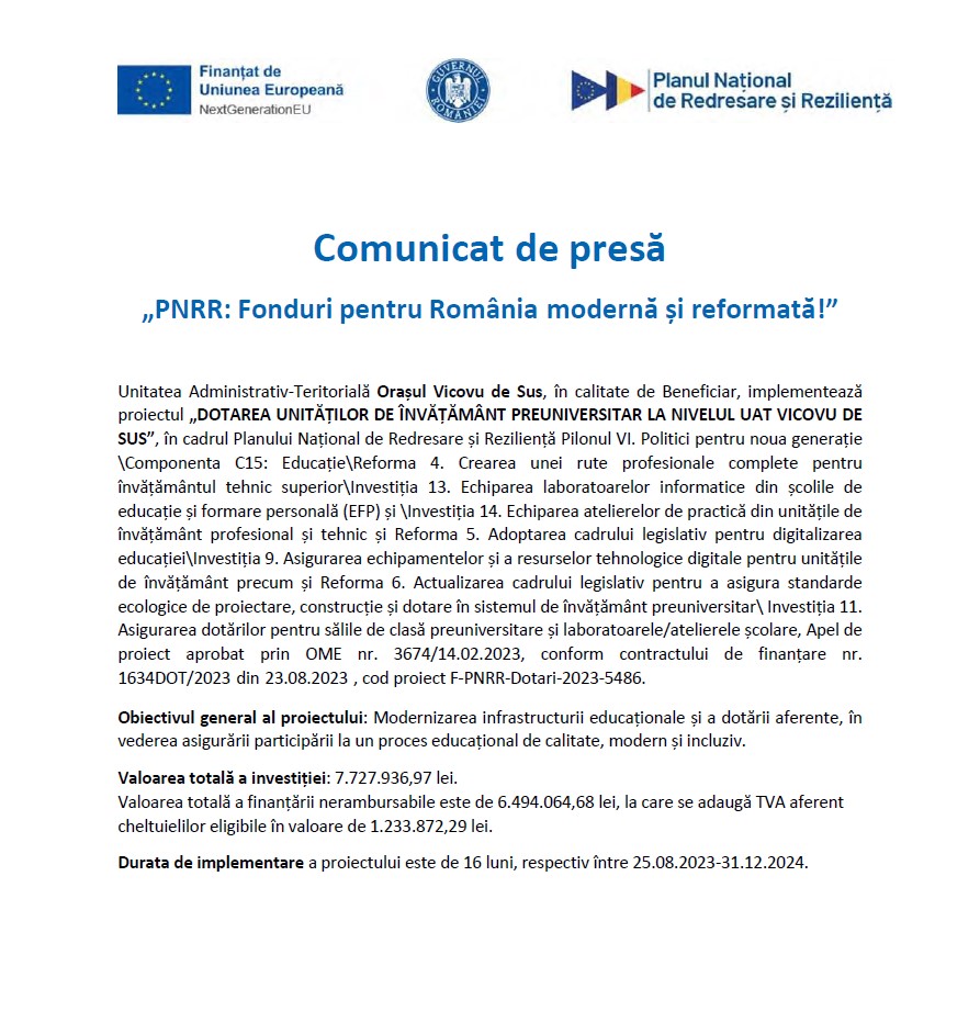 Comunicat de presă „PNRR: Fonduri pentru România modernă și reformată!” Comunicat de presă „PNRR: Fonduri pentru România modernă și reformată!”