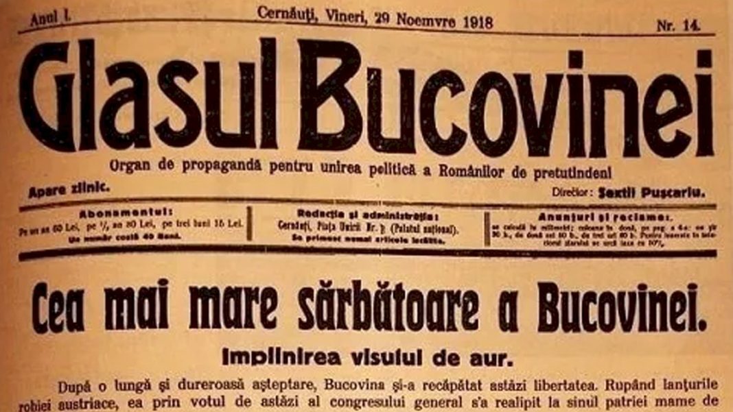 Ziua Bucovinei – 28 Noiembrie: 106 Ani de la Unirea Bucovinei cu România Ziua Bucovinei – 28 Noiembrie: 106 Ani de la Unirea Bucovinei cu România